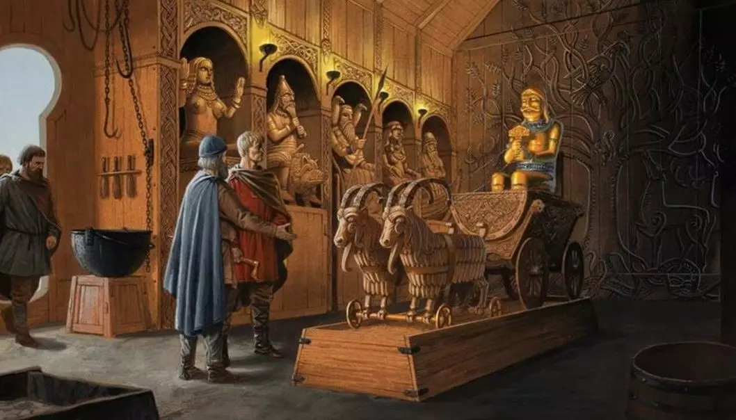 The Flateyarbók manuscript tells about beautiful Norwegian pagan temples. Along the wall in the photo are Freyja, Freyr, Odin, Frigg and Njord. Thor is sitting in the wagon with his hammer. The Trønder chieftain Ironbeard presents his cult site to Christian King Olav Tryggvason. Flateyarbók has several stories not found elsewhere in the sagas.