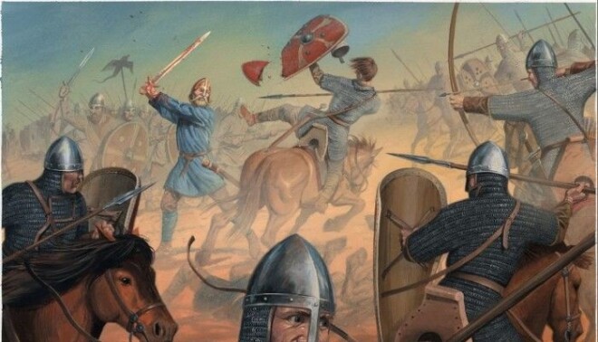 In the Norwegian edition of Flateyarbók, main illustrator Anders Kvåle Rue was inspired by the Icelandic original. This scene is from the Battle of Stamford Bridge in 1066. In the Norwegian edition of Flateyarbók, main illustrator Anders Kvåle Rue was inspired by the Icelandic original. This scene is from the Battle of Stamford Bridge in 1066.