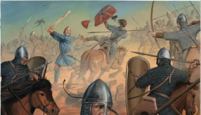 In the Norwegian edition of Flateyarbók, main illustrator Anders Kvåle Rue was inspired by the Icelandic original. This scene is from the Battle of Stamford Bridge in 1066.