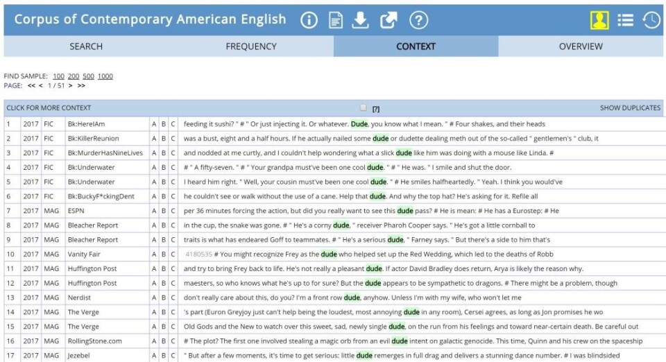 Screenshot of a search within COCA.