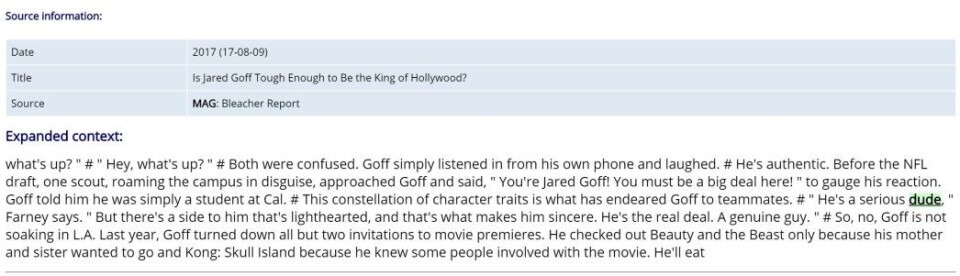 Screenshot of the source information and expanded context snippet of a search result of the word “dude”.