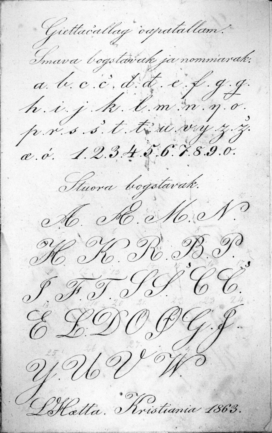 Lars Hætta and Anders Bær learned how to write in prison as adults. Here, Hætta has carefully noted the letters, four years before his release in 1867.