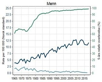 The graph shows trends in prevalence per 100 000 population (dark blue) and five years of relative survival among men with testicular cancer (green). The graph shows trends in prevalence per 100 000 population (dark blue) and five years of relative survival among men with testicular cancer (green).