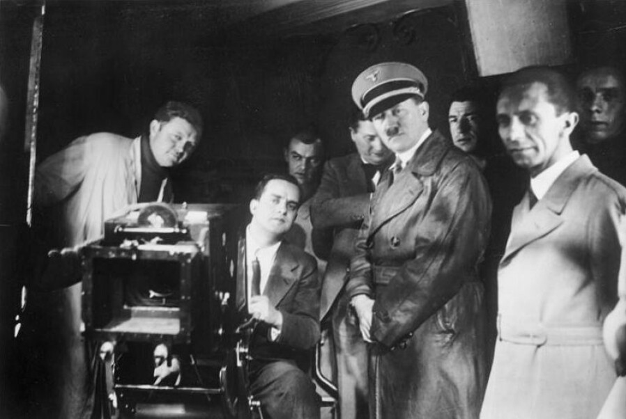Hitler and Goebbels visiting a German film studio in 1935.