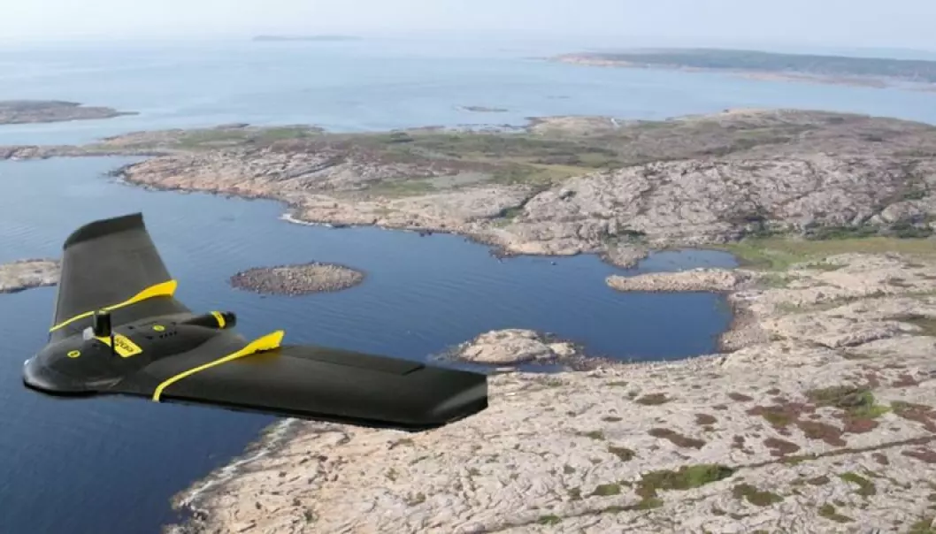 An EbeeX drone shown flying over Ytre Hvaler National Park, Southern Oslofjord, Norway.