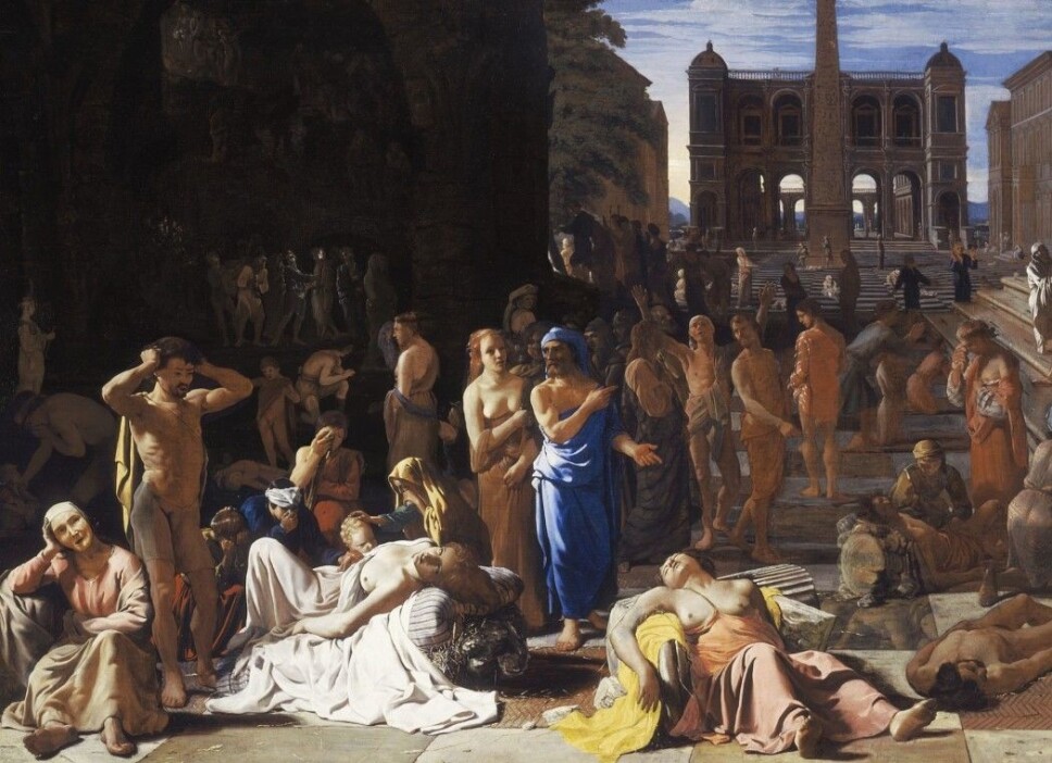 Antique writers descriptions of plague epidemics became the basis of a long tradition which also Albert Camus with his novel The Plague belongs to. The painting is 'Plauge in an ancient city' by Michiel Sweerts from 1653