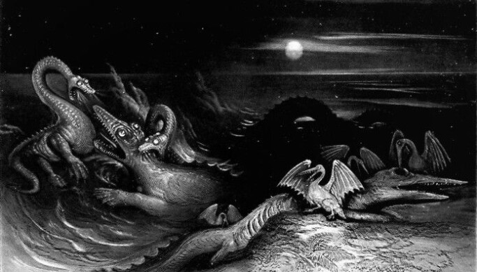 Plesiosaurs and ichthyosaurs — "sea monsters" — battle with each other in this drawing from 1840. Plesiosaurs and ichthyosaurs — "sea monsters" — battle with each other in this drawing from 1840.