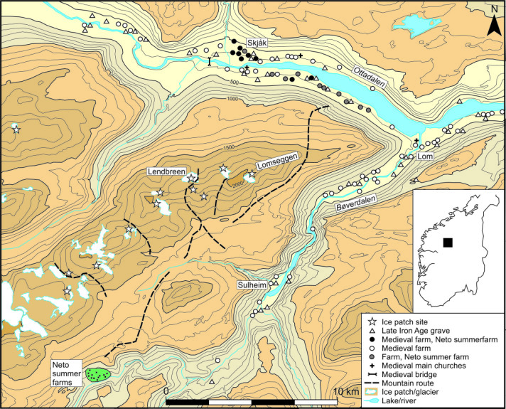 This map indicates the different routes over the mountain. Lendbreen can be seen near the centre of the image. This map indicates the different routes over the mountain. Lendbreen can be seen near the centre of the image.