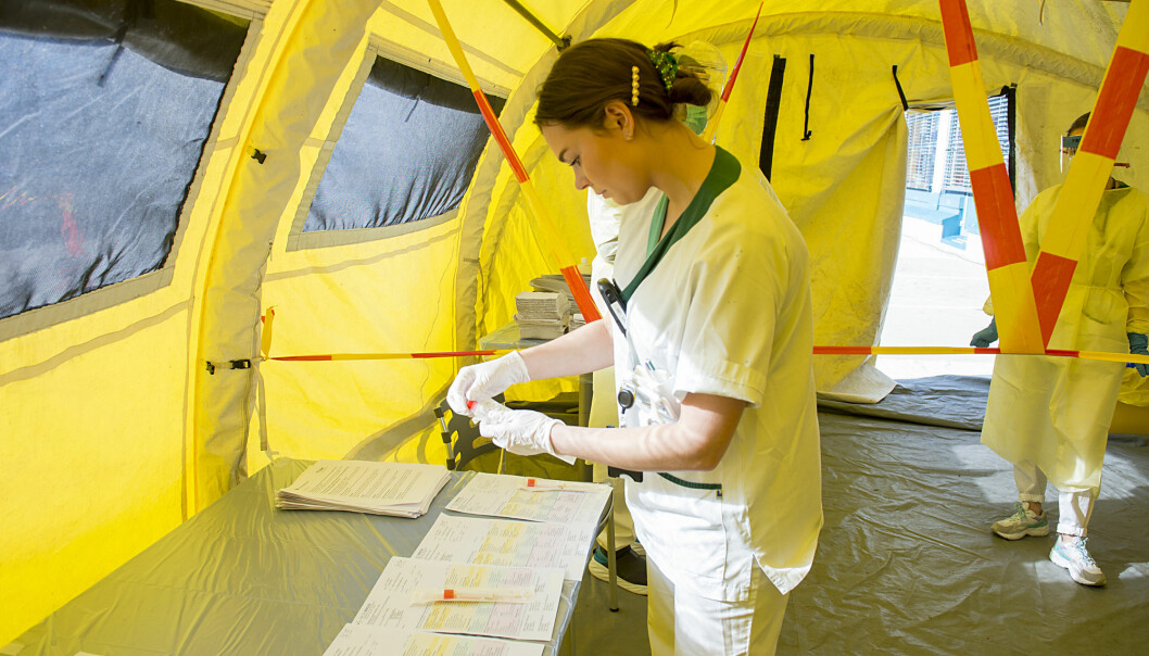 During the coronavirus crisis, many people have applied for nursing studies and other health-related professions. Here, nurse Sina Kvidal prepares coronavirus samples inside a tent at the emergency room in Bergen.