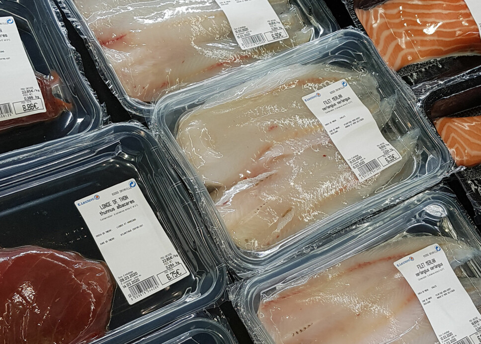 Trays with tuna, cod and salmon fillets in a French supermarket. How do you know that what you buy is what you get?