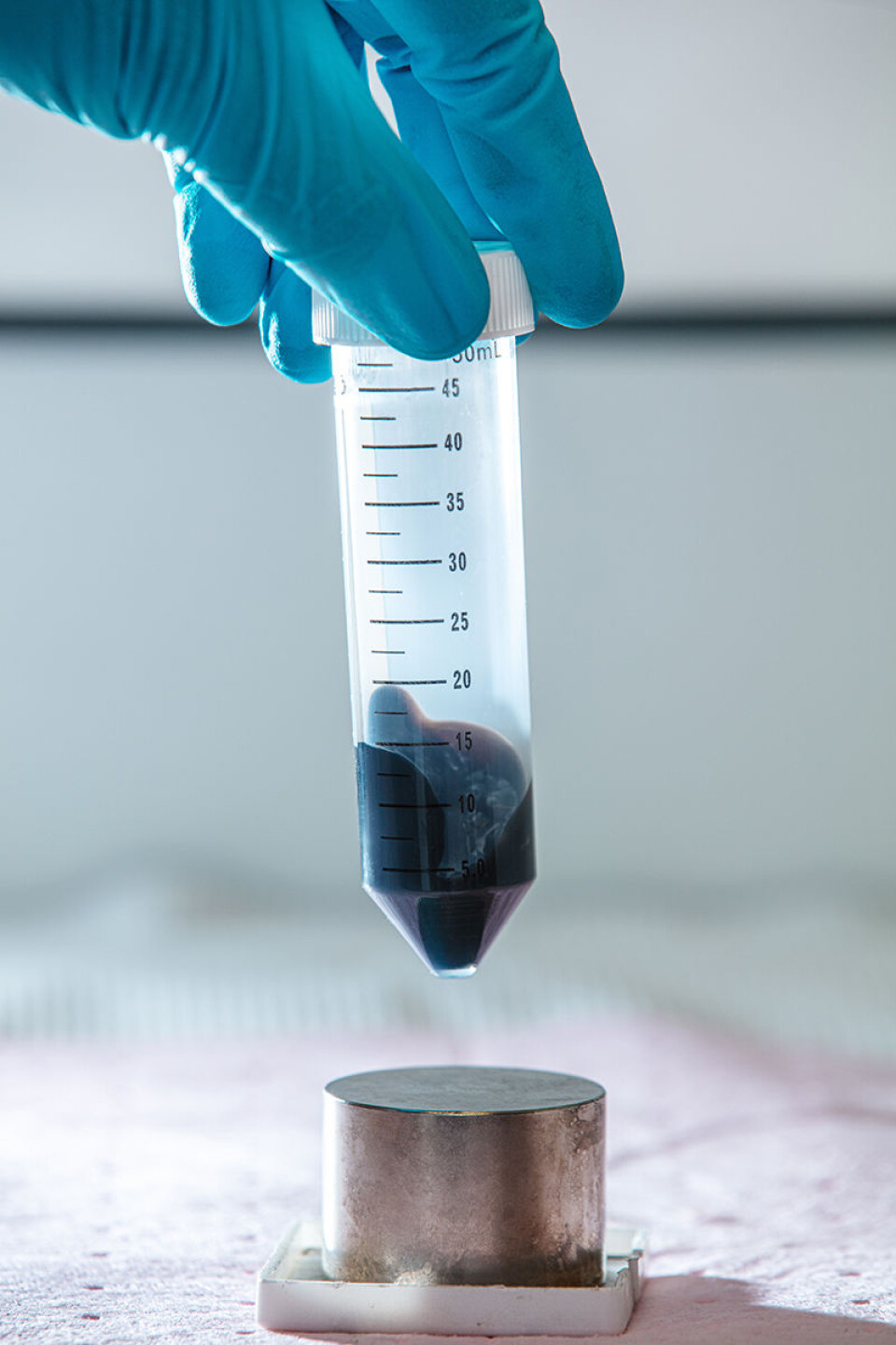This container holds large quantities of tiny magnetic balls. Their job is to bind the virus’s RNA to them, part of the method to find out whether the virus causes COVID-19 or not.