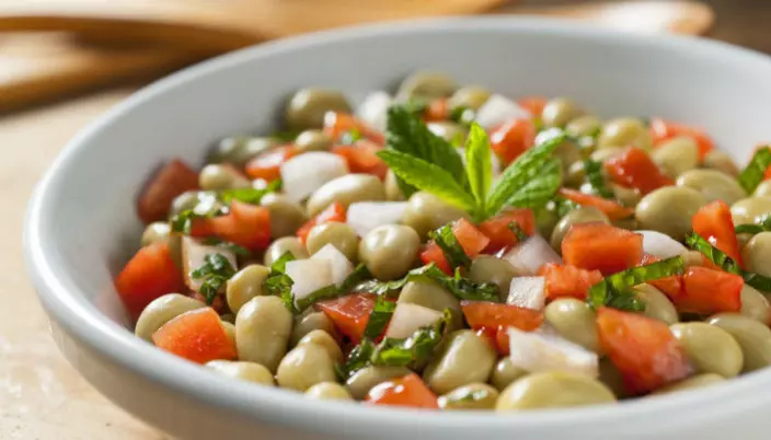 A salad with fava beans, tomatoes, onions and mint.