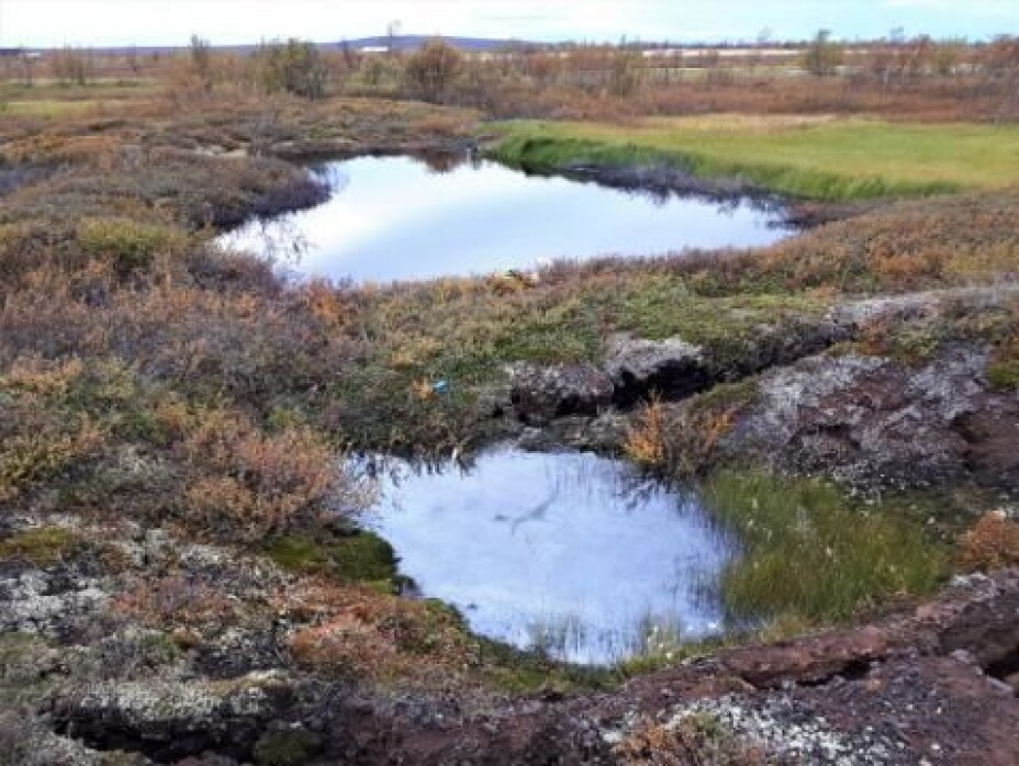 Thawing permafrost and thermokarst processes have made ponds in this peatland landscape in Northern Norway. In the PERMANOR project these processes are systematically mapped with a drone over several years. The small pond in the foreground is only a few months old, while the other has grown considerably during the last four years.