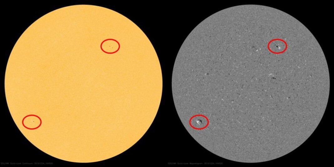 This image of the sun dates from the end of 2019, and shows what are likely to be sunspots that belong to the next solar cycle. Whether this next cycle has actually begun remains unclear. This image of the sun dates from the end of 2019, and shows what are likely to be sunspots that belong to the next solar cycle. Whether this next cycle has actually begun remains unclear.