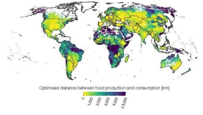 The map shows the distance between consumers and food production in different countries. The map shows the distance between consumers and food production in different countries.