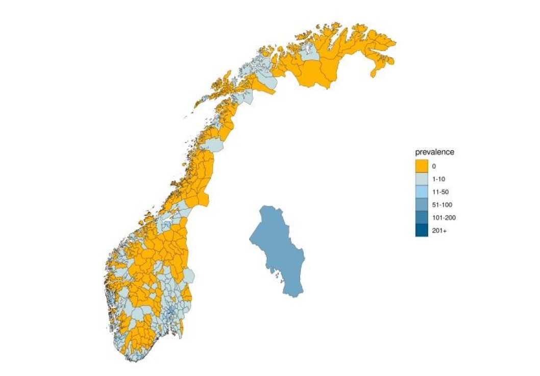The yellow fields are municipalities that according to NIPH calculations do not have any coronavirus cases, according to an NIPH-report from May 15. The yellow fields are municipalities that according to NIPH calculations do not have any coronavirus cases, according to an NIPH-report from May 15.