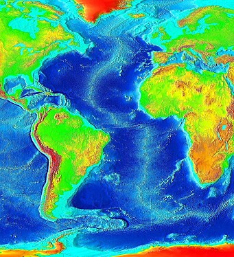 This depth map shows the Mid-Atlantic Ridge, which extends through the Atlantic (and Iceland). This depth map shows the Mid-Atlantic Ridge, which extends through the Atlantic (and Iceland).