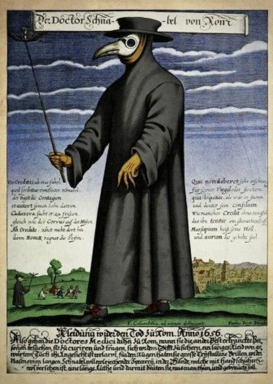 Copper engraving showing a plague doctor in Rome in the 17th century.