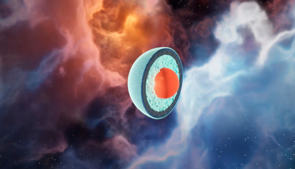 Illustration of neutron star layers against nebulae.