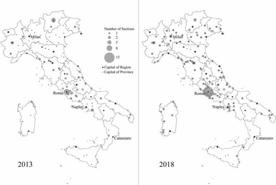 Local sections of CasaPound Italia: geographical distribution in 2013-2018.