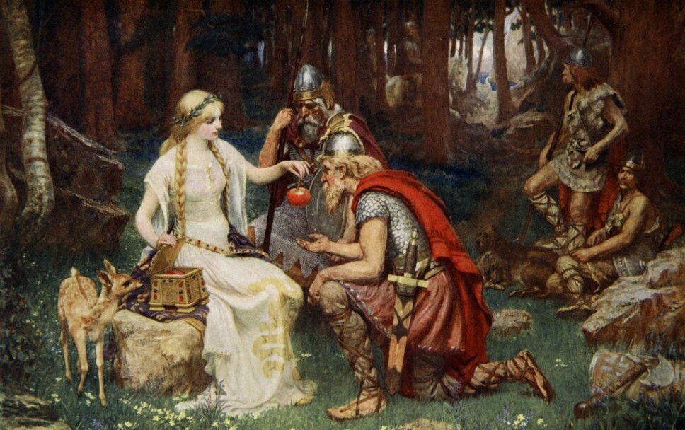 Wild apples were one of the foods that the Vikings had access to. The painting depicts the goddess Idun guarding the shrine with apples that give eternal life. The picture does not give an accurate representation of the Viking age.