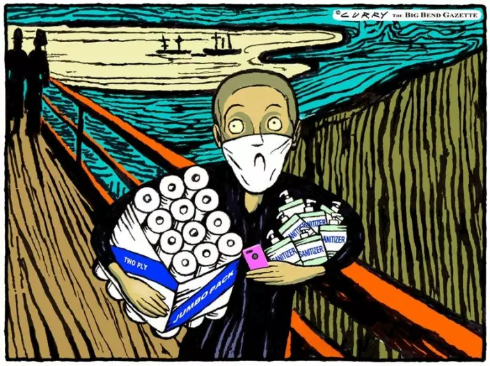 Munch's iconc image of The Scream is one of the most copied, caricatured and commercialised images in the modern world. Illustrator Tom Curry's coronavirus-scream comes complete with face mask, toilet paper and hand sanitiser.