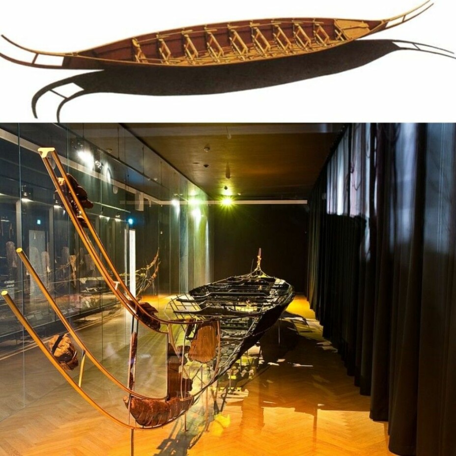 The top image shows a copy of the Hjortspring boat and the bottom shows the real version, which you can see at the Danish National Museum in the centre of Copenhagen. The bow and stern on the vessel are recognizable from petroglyphs in Norway and Sweden. The Danish National Museum contains some of the finest artefacts from the Bronze Age throughout Europe found in Denmark. These finds tell us that the Bronze Age was something very special in the Nordic countries.
