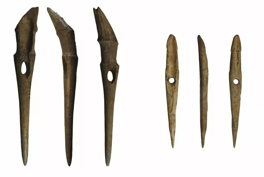 These are two of the harpoons that researchers found under the field at the Jortveit farm in southern Norway. They were probably in use sometime between 5700 and 4500 years ago.