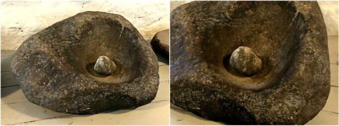 The hand mill is the oldest known grinder type in Norway and may have been in the country for as long as 6000 years. It consists of a bowl-shaped stone (underlay) with a small stone (rider) that is pushed back and forth by hand. Grain, nuts, roots and other wild plants can be crushed in the mill. This mill is at the museum in Egersund. The hand mill is the oldest known grinder type in Norway and may have been in the country for as long as 6000 years. It consists of a bowl-shaped stone (underlay) with a small stone (rider) that is pushed back and forth by hand. Grain, nuts, roots and other wild plants can be crushed in the mill. This mill is at the museum in Egersund.