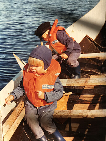 Dyveke and Christian Skauge in a boat at Myken. Dyveke and Christian Skauge in a boat at Myken.