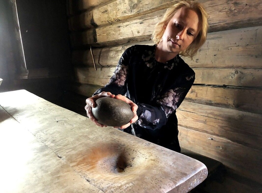 Hilde Brumoen Engø at the Østfold Museum holds up a quern from Rakkestad. Hilde Brumoen Engø at the Østfold Museum holds up a quern from Rakkestad.