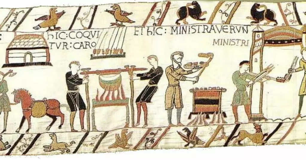 The 70-metre-long Bayeux Tapestry shows the Norman duke William the Conqueror's invasion of England in 1066. The Normans were from France and were of Nordic origin.