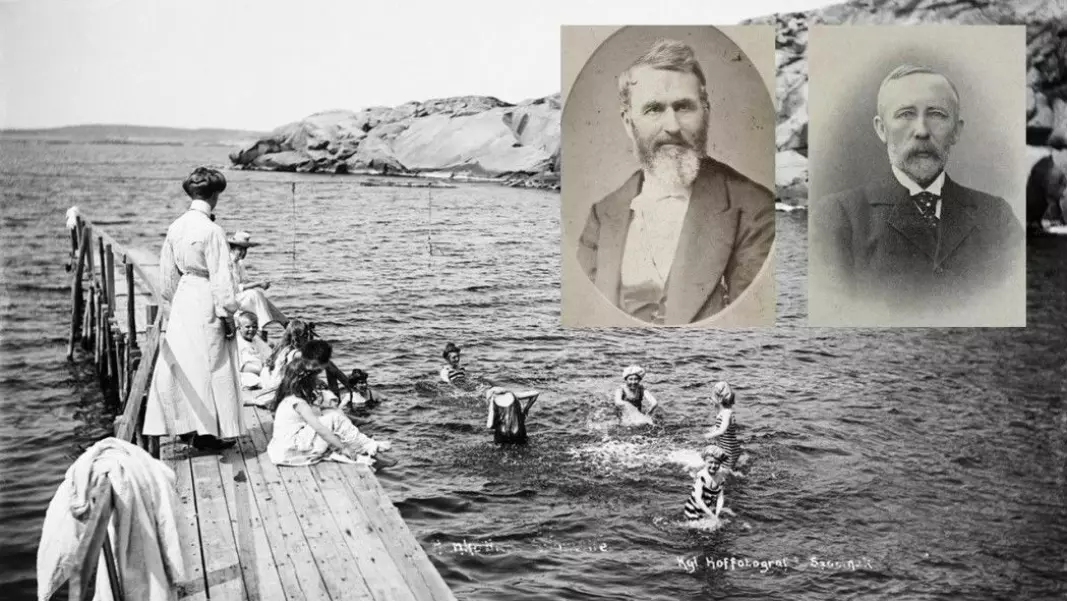 Bathing in the sea was used to treat a number of diseases and was good for healthy people, like these children bathing in Hankø in 1907. That was the view of sea bathing pioneer Heinrich Arnold (left, in portrait) and the renowned bathing doctor Ingebrigt Christian Lund Holm (right )