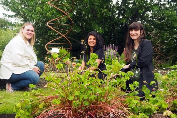 Researchers (from left) Mari Elisabeth Engelstad, Maria Ariza Salazar and Eva Lieungh taking soil sample positions in Oslo's Botanical Gardens, in front of a famous dove tree and a supersized DNA helix. Researchers (from left) Mari Elisabeth Engelstad, Maria Ariza Salazar and Eva Lieungh taking soil sample positions in Oslo's Botanical Gardens, in front of a famous dove tree and a supersized DNA helix.