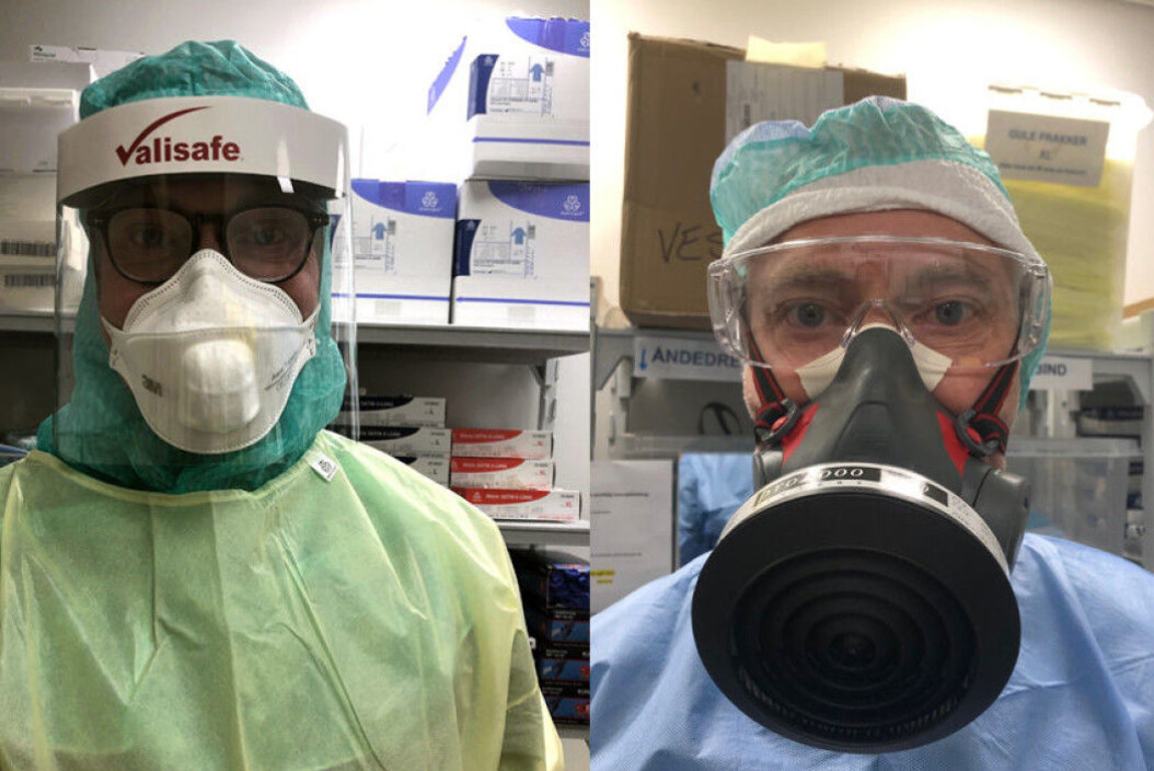 Chief physician Andreas Barratt-Due wearing ordinary infection control equipment, and the equipment that had to be used when the hospital quickly ran out of standard masks. Barratt-Due notes that nurses had a particularly tough job. “I may have been inside for a maximum of 2-3 hours wearing this the equipment, then I could leave. The nurses, on the other hand, may have been wearing a diving mask for eight hours, with perhaps an hour’s break.” Chief physician Andreas Barratt-Due wearing ordinary infection control equipment, and the equipment that had to be used when the hospital quickly ran out of standard masks. Barratt-Due notes that nurses had a particularly tough job. “I may have been inside for a maximum of 2-3 hours wearing this the equipment, then I could leave. The nurses, on the other hand, may have been wearing a diving mask for eight hours, with perhaps an hour’s break.”