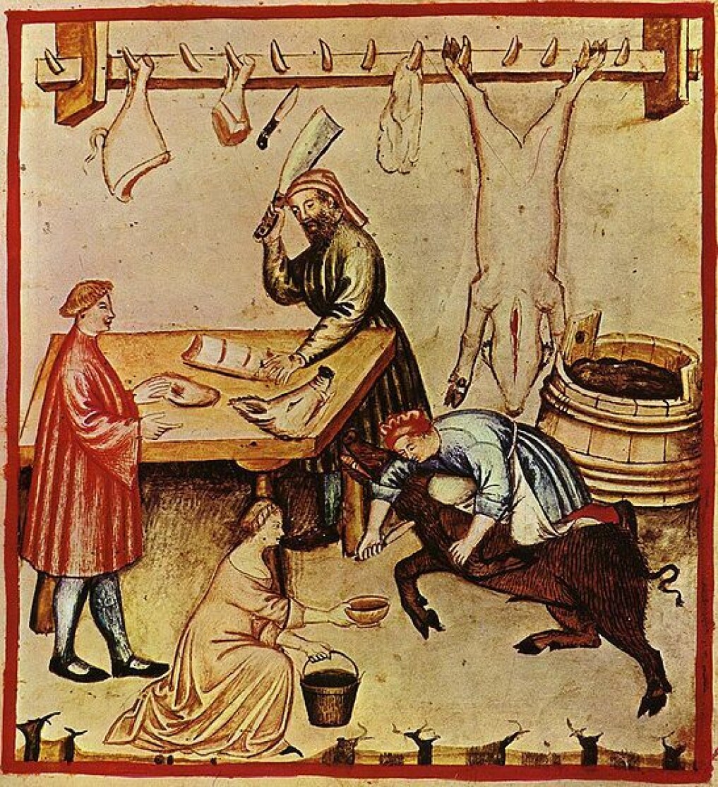 The butchering process in an illustrated medieval book about health. The butchering process in an illustrated medieval book about health.