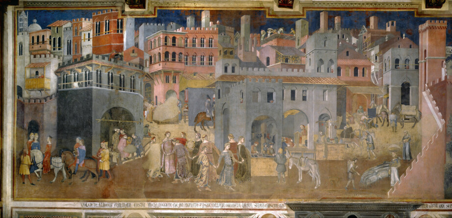 A fresco of 14th Century city life in Italy.