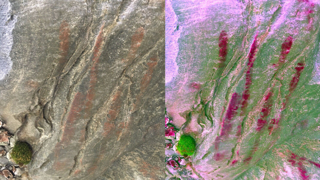 The handprint in natural colours (on the left) and at right an enhanced version using a digital colour filter. The handprint in natural colours (on the left) and at right an enhanced version using a digital colour filter.