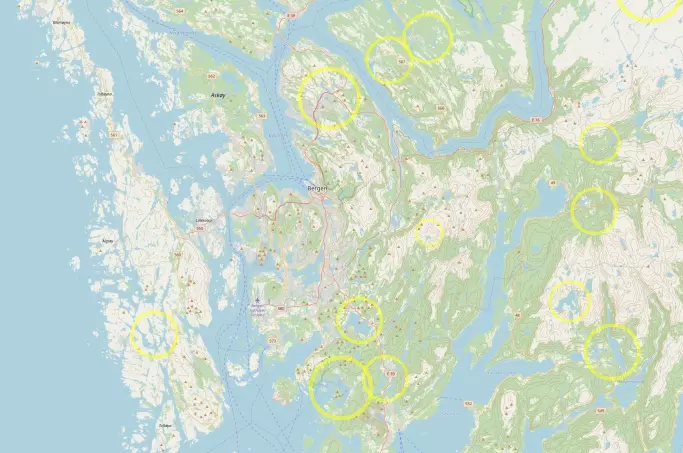 The yellow circles are possible meteorite craters around Bergen.