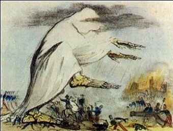Cholera illustrated as a skeleton that trails dark clouds. The illustration was made in the 1800s. Cholera illustrated as a skeleton that trails dark clouds. The illustration was made in the 1800s.
