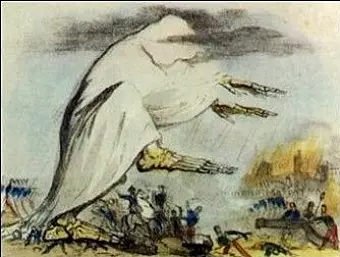 Cholera illustrated as a skeleton that trails dark clouds. The illustration was made in the 1800s.