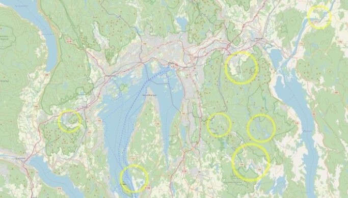 Here in yellow rings you see some of the possible meteorite craters in the Greater Oslo region. The three at the lower right are in the Østmarka forest area, a great place for day-hikes. Here in yellow rings you see some of the possible meteorite craters in the Greater Oslo region. The three at the lower right are in the Østmarka forest area, a great place for day-hikes.