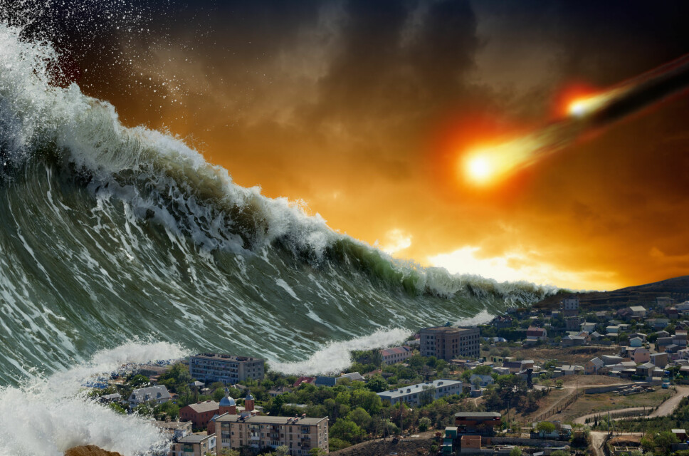 Here, a visual artist has tried to imagine what it might be like if a meteorite had created a giant tsunami that hits land.