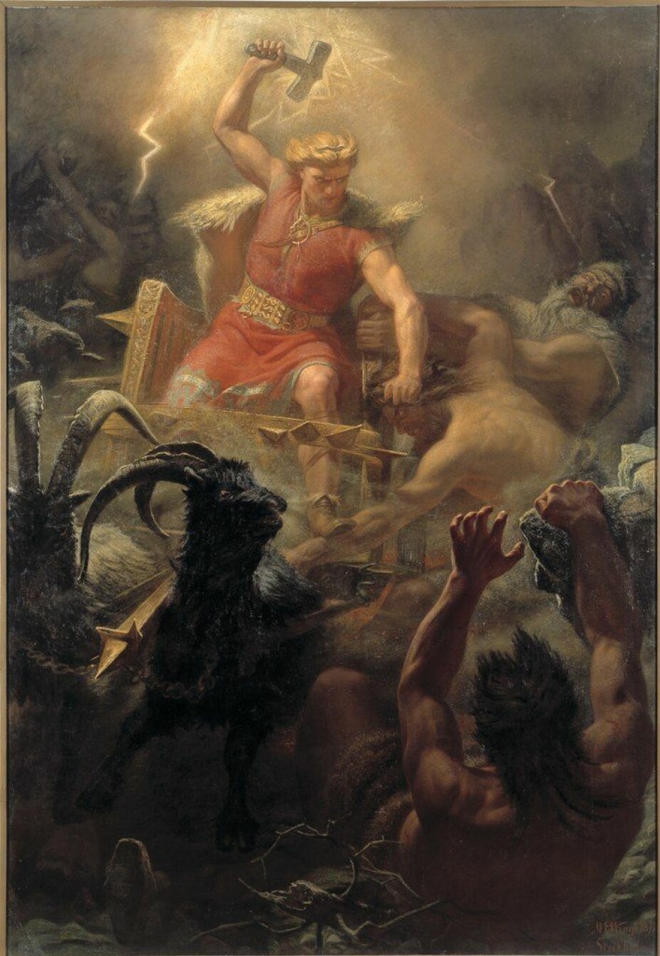 Mjølnir (Mjölnir in English) is the hammer of the Norse thunder god Tor. Mjølnir means “the one who crushes dust”. Thor used the hammer as a weapon in the fight against the Jotnes, as shown here in a painting by Mårten Eskil Winge from 1872.