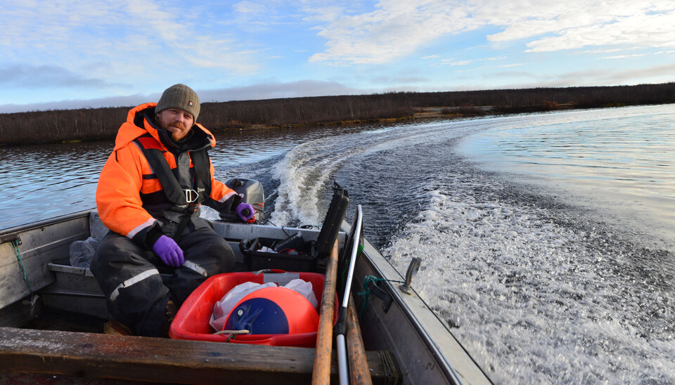 Kim Præbel, professor at UiT, boating on Tinnsjøen. Will he find the little fish he saw in the documentary?