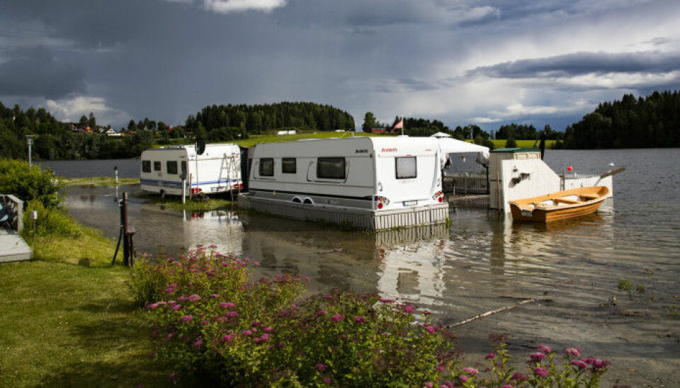 There have been floods in eastern Norway this summer as well. The photo shows Lake Mjøsa flooding Steinvik Camping by Moelv in June.