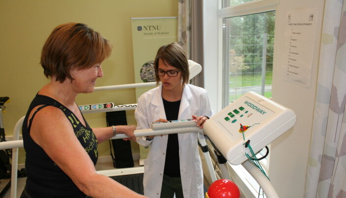 Generation 100 participant Aud Hepsø Johansson prepares to run on a treadmill as part of the testing procedure. Generation 100 participant Aud Hepsø Johansson prepares to run on a treadmill as part of the testing procedure.