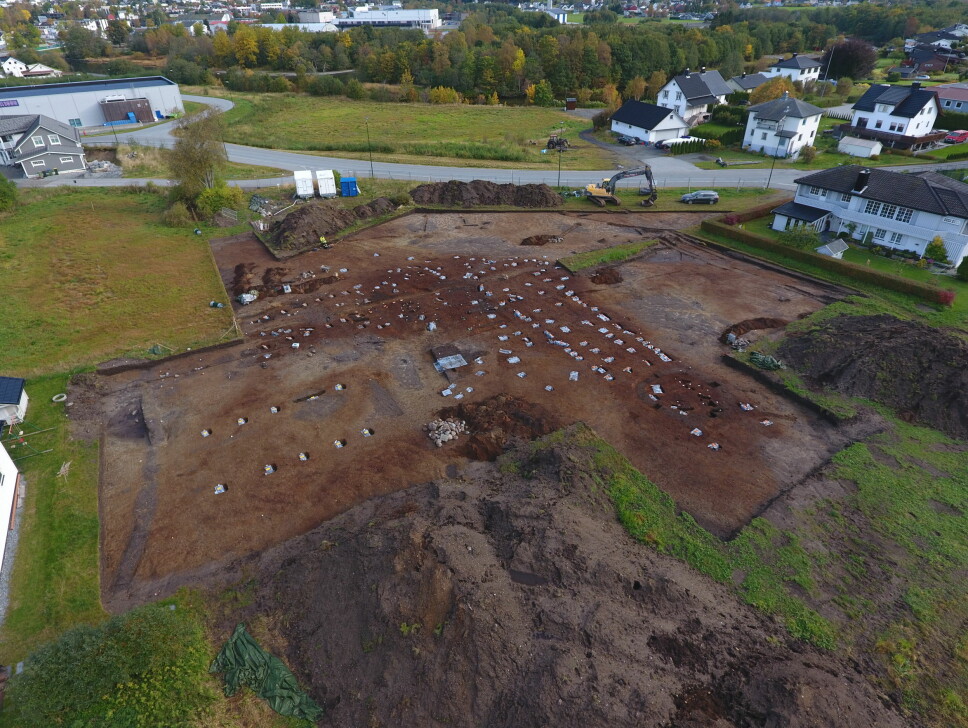 The northern part of the excavation. Here, the researchers found traces of long-term settlement. To the right you can see rows of posts from a large longhouse dated to the middle of the Iron Age. To the left are ten pillars from a longhouse from around the 13th century.