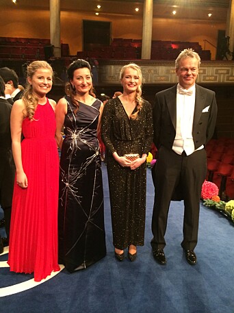 May-Britt and Edvard I. Moser and their two daughters on stage after the Nobel Prize Award Ceremony at the Stockholm Concert Hall, 10 December 2014. May-Britt and Edvard I. Moser and their two daughters on stage after the Nobel Prize Award Ceremony at the Stockholm Concert Hall, 10 December 2014.