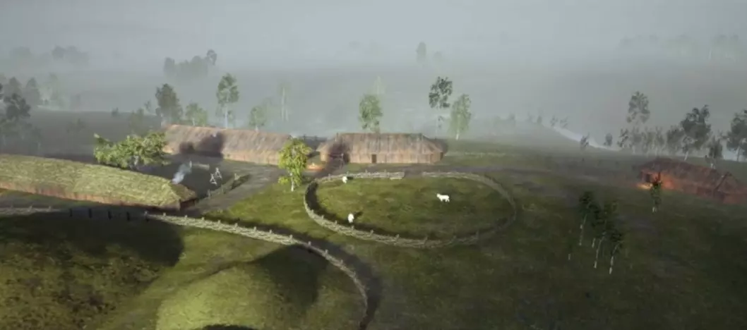The Viking Age settlement near the Gjellestad mound, where archaeologists are currently carrying out an excavation of a Viking ship for the first time in 100 years in Norway. This image is a screenshot from the website gjellesadstory.no, which has tried to visualise what this place might have looked like some 1000 and something years ago.